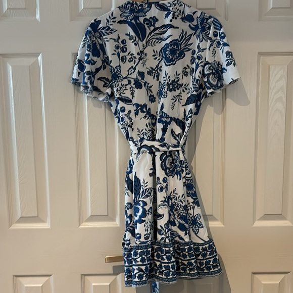 Boho Floral Print Short Sleeve Wrap V Neck Ruffle Hem A Line Dress - Picture 6 of 6